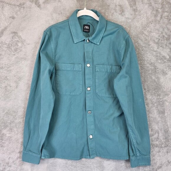 Zara Shirt Mens Medium Blue Green Button Up Long Sleeve Utility Pockets Cotton - Picture 1 of 9
